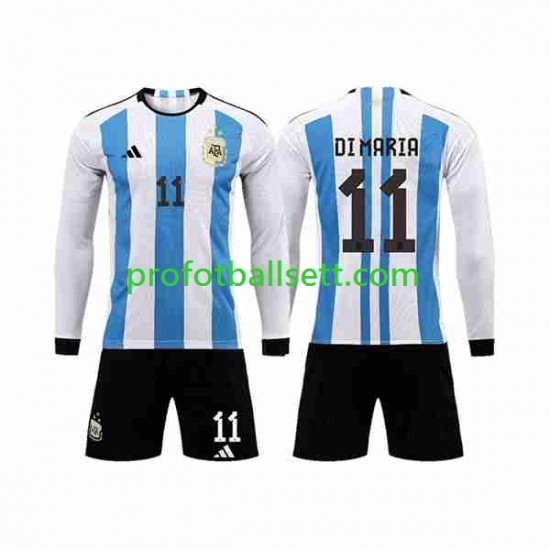 Fotballdrakt Argentina 3 Stars Di Maria 11 Barn Hjemmekit VM 2022 Langermet