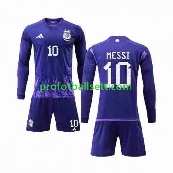 Fotballdrakt Argentina 3 Stars Lionel Messi 10 Barn Bortekit VM 2022 Langermet