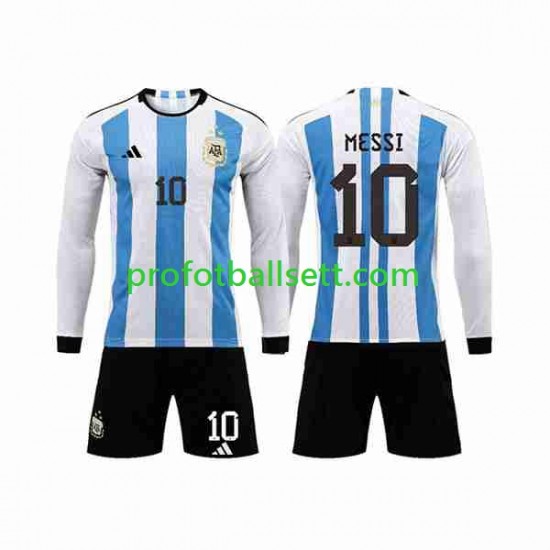 Fotballdrakt Argentina 3 Stars Lionel Messi 10 Barn Hjemmekit VM 2022 Langermet