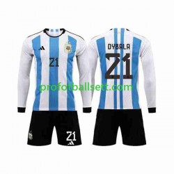 Fotballdrakt Argentina 3 Stars Paulo Dybala 21 Barn Hjemmekit VM 2022 Langermet