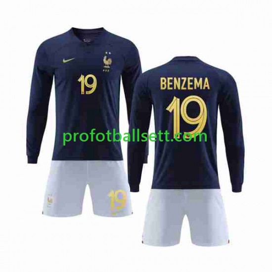 Fotballdrakt Frankrike Benzema 19 Barn Hjemmekit VM 2022 Langermet