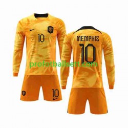 Fotballdrakt Nederland Memphis 10 Barn Hjemmekit VM 2022 Langermet