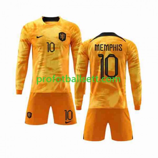 Fotballdrakt Nederland Memphis 10 Barn Hjemmekit VM 2022 Langermet