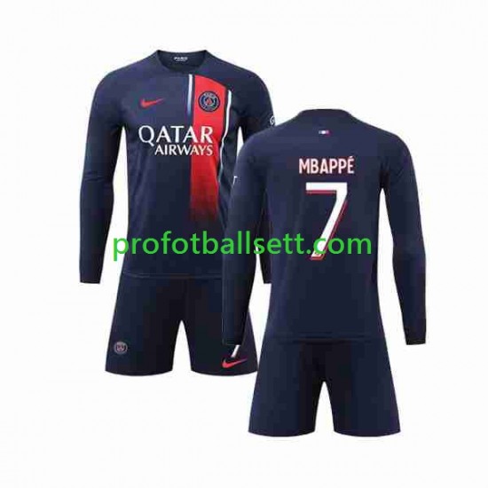 Fotballdrakt Paris Saint-Germain Kylian Mbappe 7 Barn Hjemmekit 2023-2024 Langermet