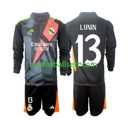Fotballdrakt Real Madrid Keeper Andriy Lunin 13 Barn Bortekit 2024-2025 Svart Langermet