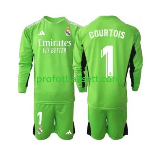 Fotballdrakt Real Madrid Keeper Thibaut Courtois 1 Barn Hjemmekit 2023-2024 Langermet