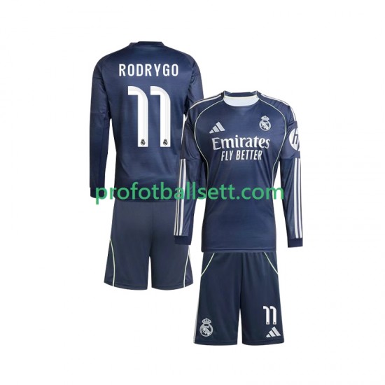 Fotballdrakt Real Madrid Rodrygo 11 Barn Bortekit 2025-2026 Langermet